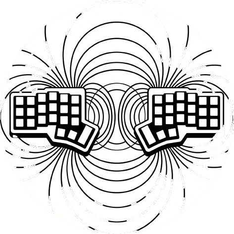 FluxBoard's mark: two halves of a split keyboard facing each other inside a circle of radiating field lines